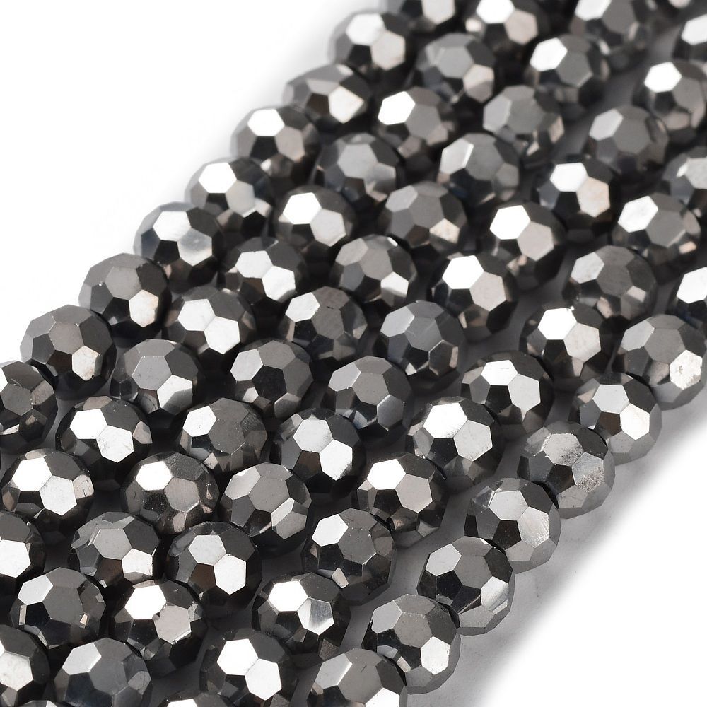 6mm Electroplated Faceted Glass Beads in Silver, 1 Strand