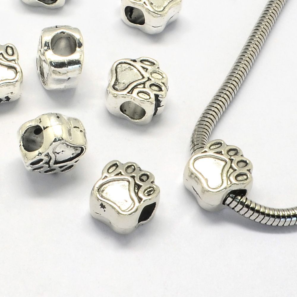 10 x Large Holed Silver Plated Paw Print Beads, 11x10x7mm