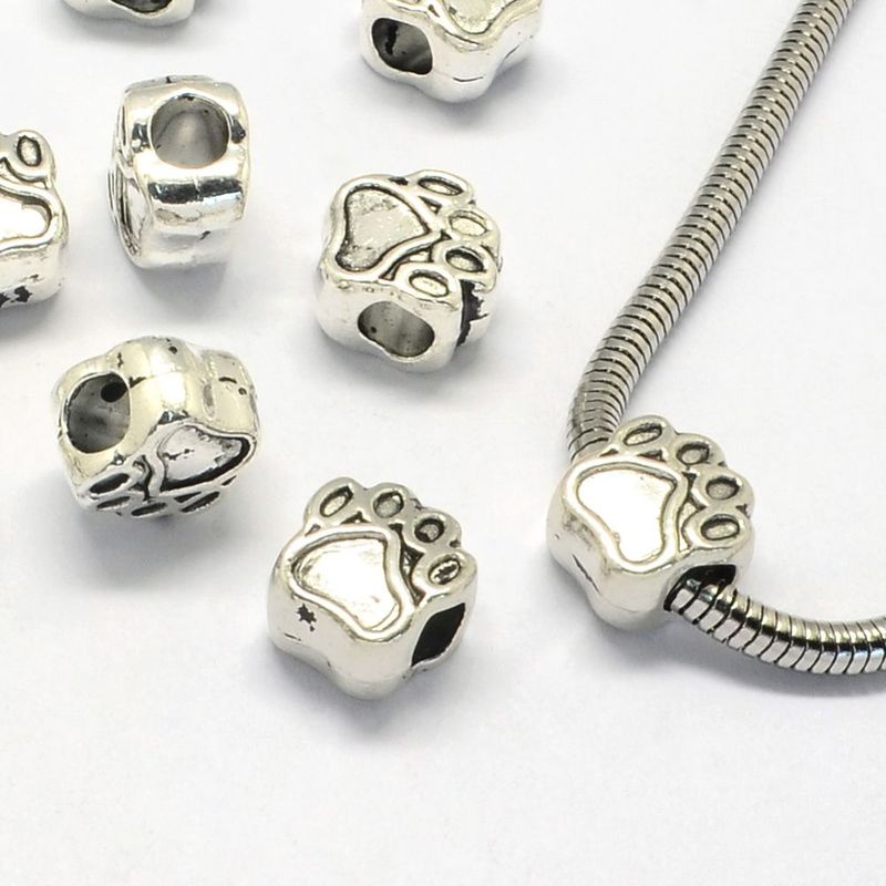 10 x Large Holed Silver Plated Paw Print Beads, 11x10x7mm
