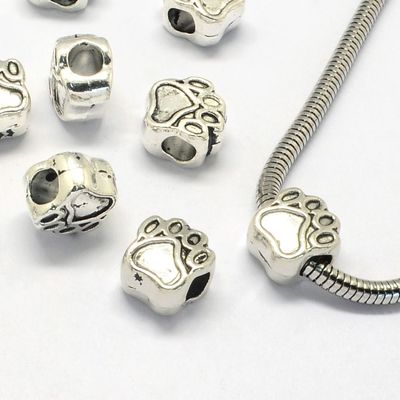 10 x Large Holed Silver Plated Paw Print Beads, 11x10x7mm