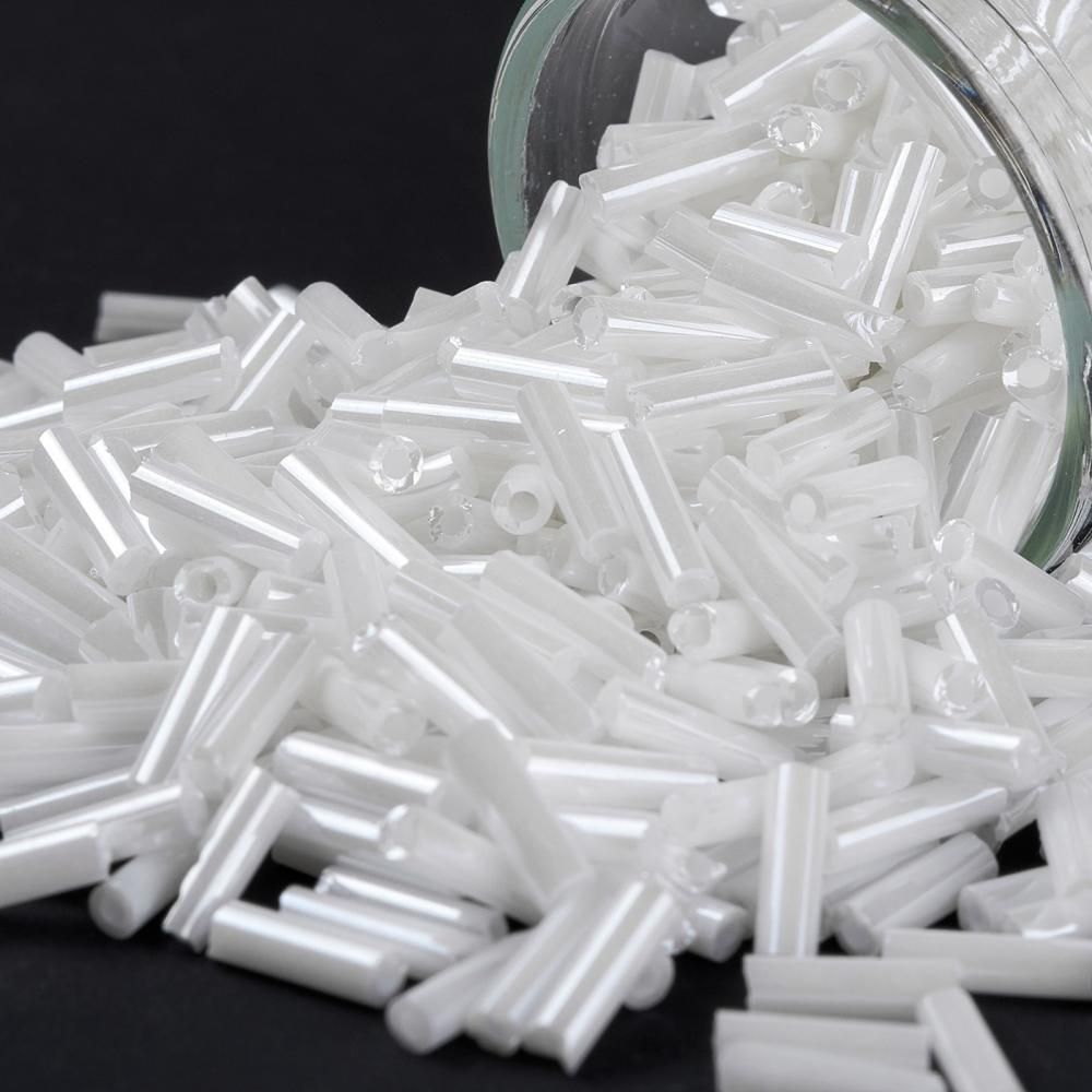 Pearl Lustre Glass Bugle Beads in White, 6x1.8mm