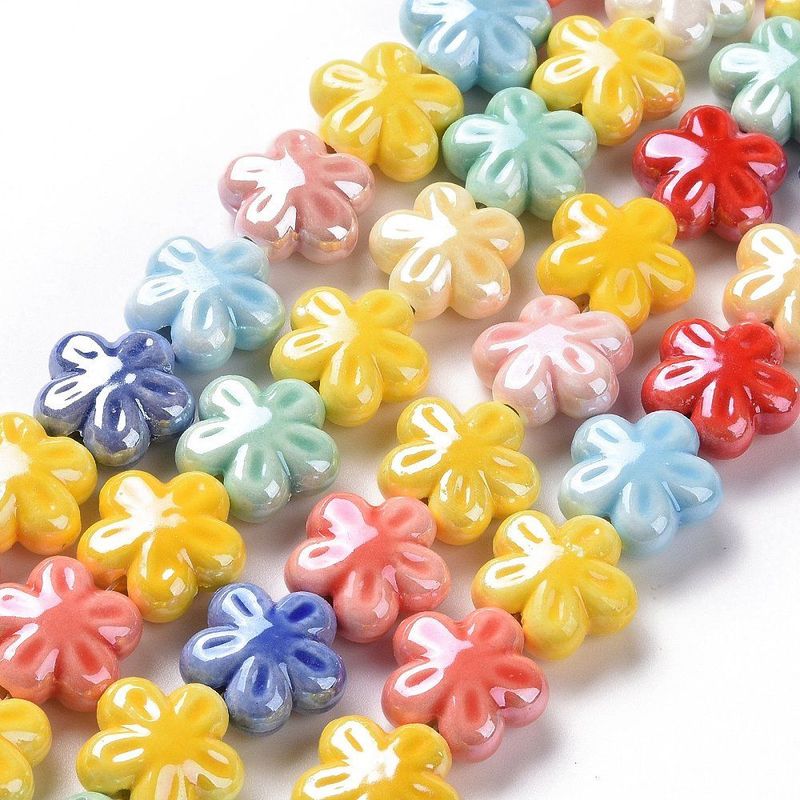Handmade Porcelain Flower Beads, Mixed Colours, 17x17x8mm