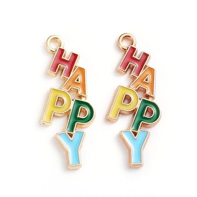 Enamel & Light Gold 'Happy' Charm, 29x11mm