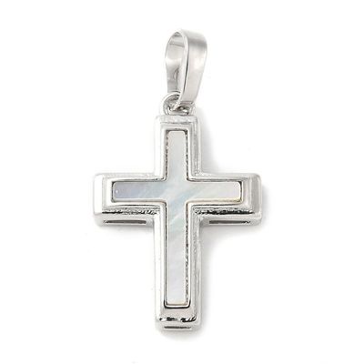 Mother of Pearl Silver Plated Cross Pendant with Bail, 21x14mm