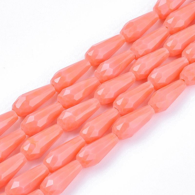 Faceted Opaque Glass Teardrop Beads in Coral Red, 9x4mm