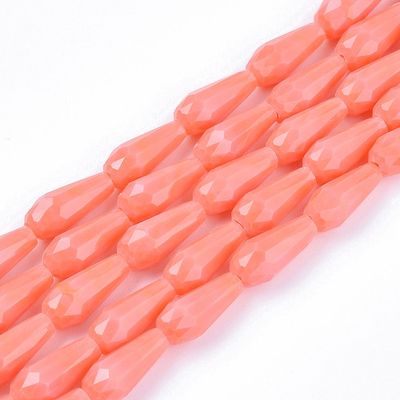 Faceted Opaque Glass Teardrop Beads in Coral Red, 9x4mm