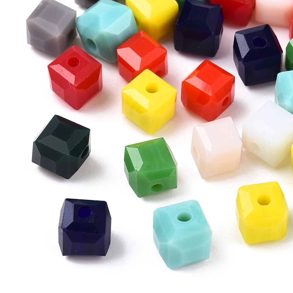 50 x 6x6mm Faceted Glass Cube Beads, Mixed Primary Colours