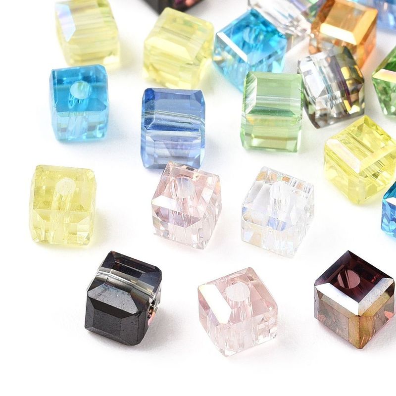 50 x 4x4mm Faceted Clear Glass Cube Beads, Mixed Colours