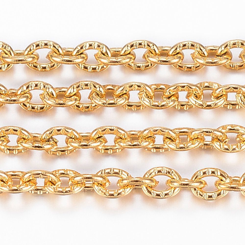 Stainless Steel Gold Plated Textured Cable Chain, 3x2.4x0.6mm, 1 Metre