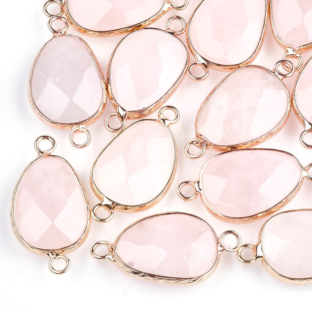 Natural Rose Quartz Connector with Gold Plated Frame, 27x14x6mm