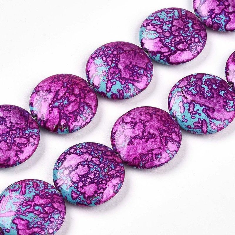 Painted Flat Round Stone Beads, Metallic Pink, 26x6mm