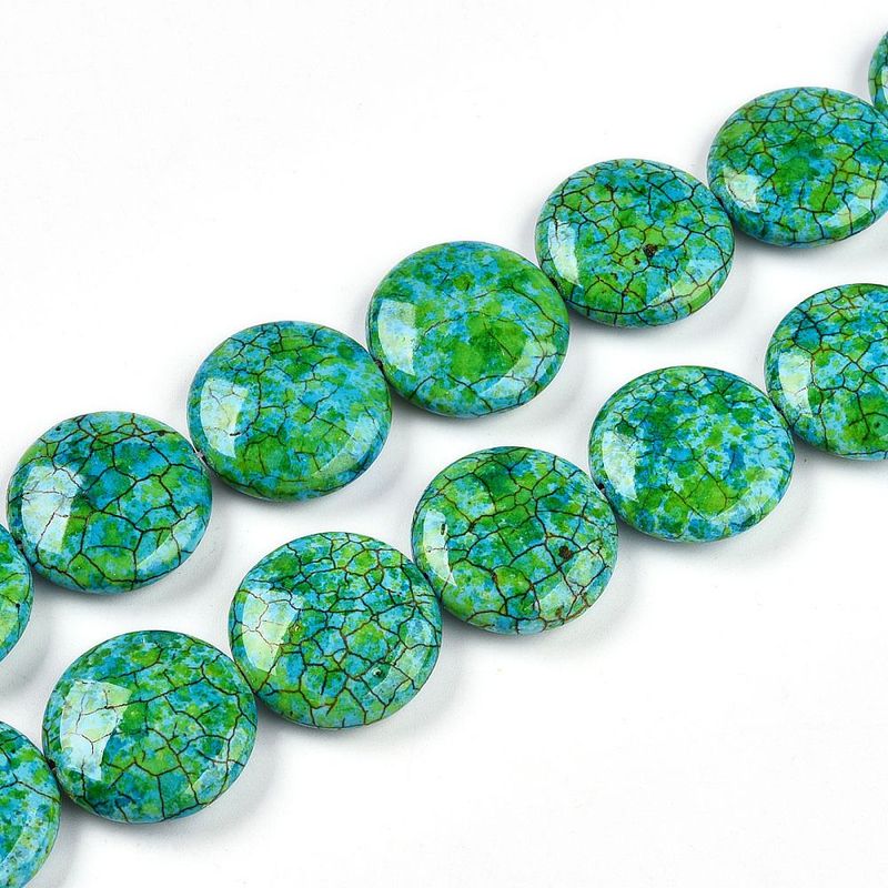 Painted Flat Round Stone Beads, Green Mix, 26x6mm