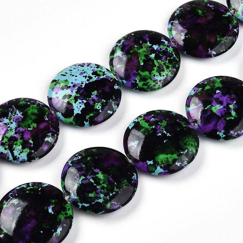 Painted Flat Round Stone Beads, Black Mix, 26x6mm
