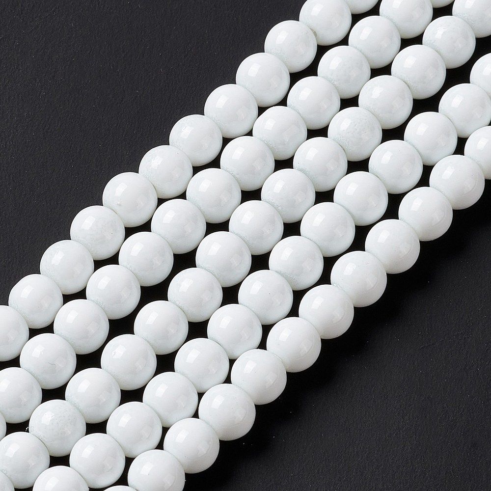 Painted Glass Beads, White, 6mm