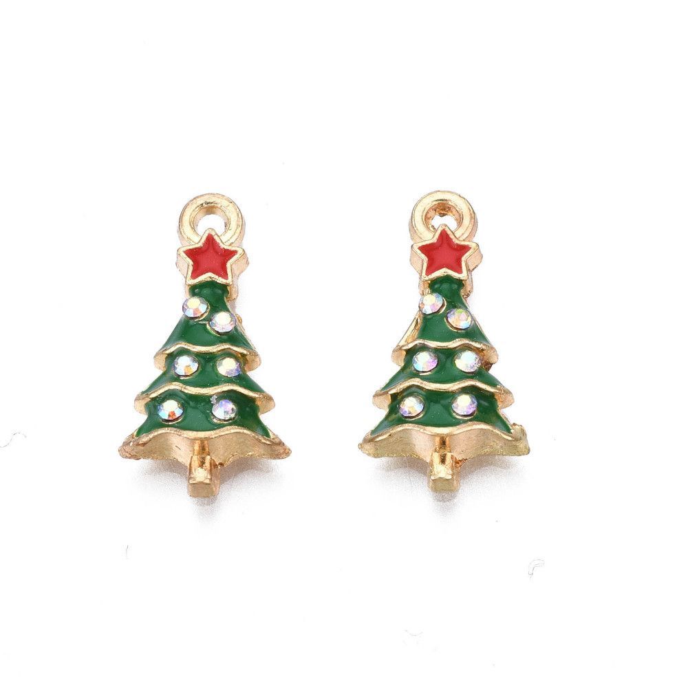 Enamel & Light Gold Christmas Tree Charm with Rhinestones, 18x9x3mm