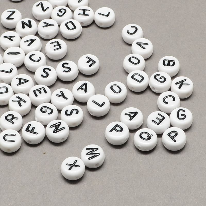 White Round Letter Beads with Black Letters, 50g