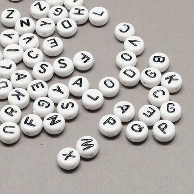 White Round Letter Beads with Black Letters, 50g White Round Letter Beads with Black Letters, 50g