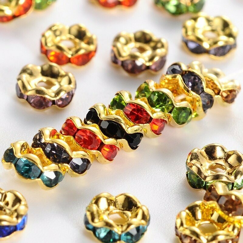 50 x Gold Plated Rhinestone Rondelles, Assorted Colours, 6x3mm 50 x Gold Plated Rhinestone Rondelles, Assorted Colours, 6x3mm