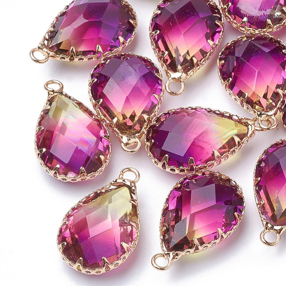 Faceted Glass Pendant in Lemon and Fuchsia Pink with Gold Frame, 23x14mm Faceted Glass Pendant in Lemon and Fuchsia Pink with Gold Frame, 23x14mm
