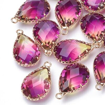 Faceted Glass Pendant in Lemon and Fuchsia Pink with Gold Frame, 23x14mm Faceted Glass Pendant in Lemon and Fuchsia Pink with Gold Frame, 23x14mm
