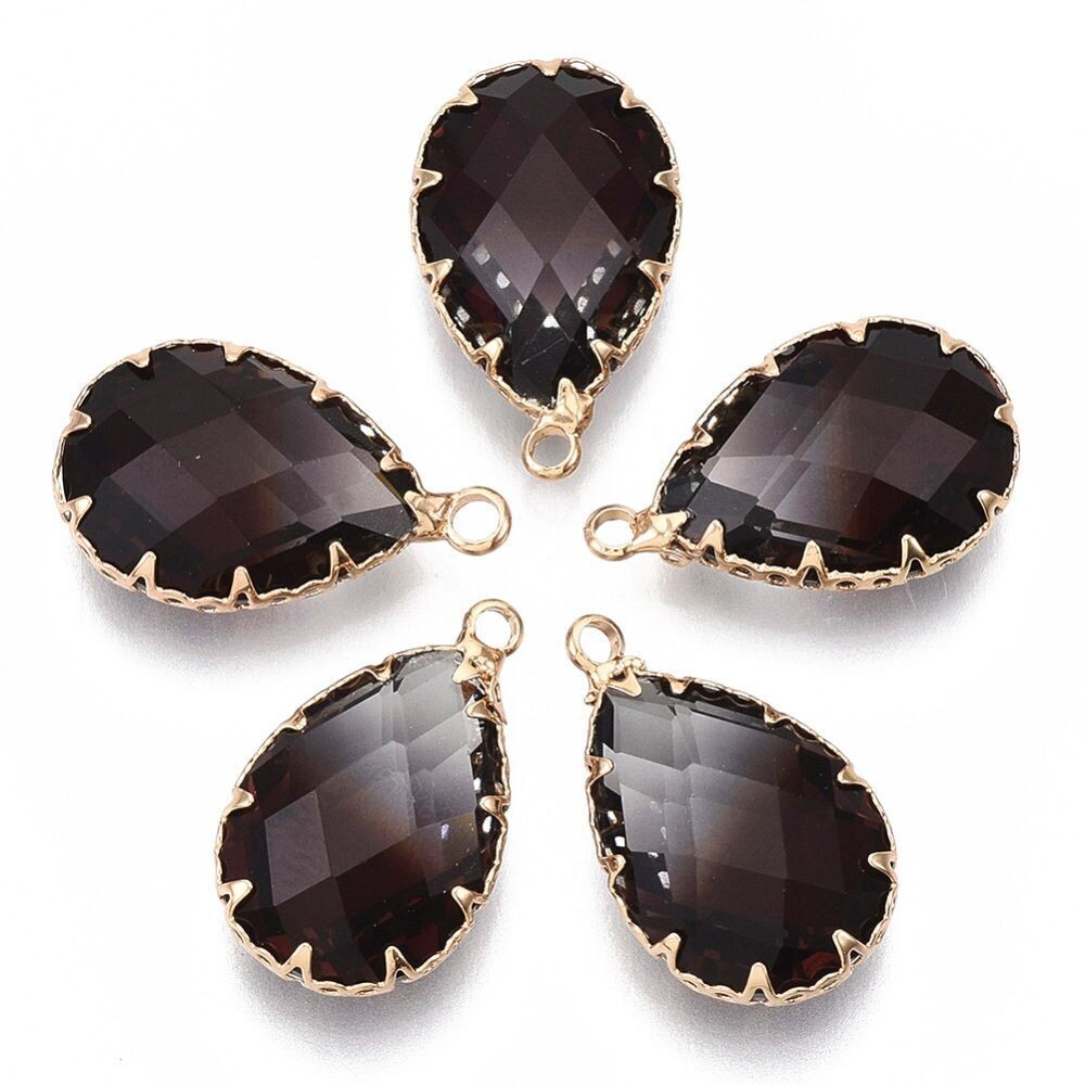 Faceted Glass Pendant in Smoky Black with Gold Frame, 23x14mm