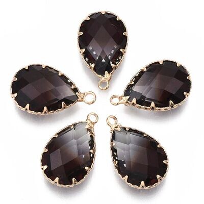 Faceted Glass Pendant in Smoky Black with Gold Frame, 23x14mm Faceted Glass Pendant in Smoky Black with Gold Frame, 23x14mm