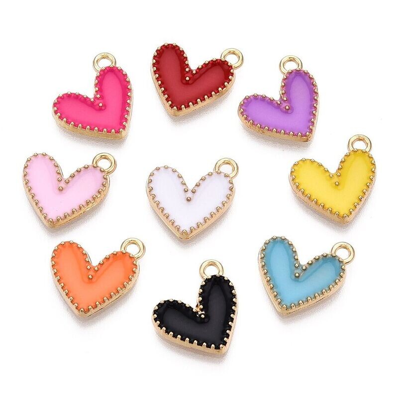 4 x Enamel & Light Gold Drop Heart Charms, 14x13mm, Mixed Colours