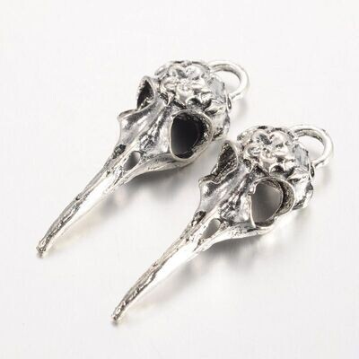 Antique Silver Raven Skull Pendants, 42x12x8mm