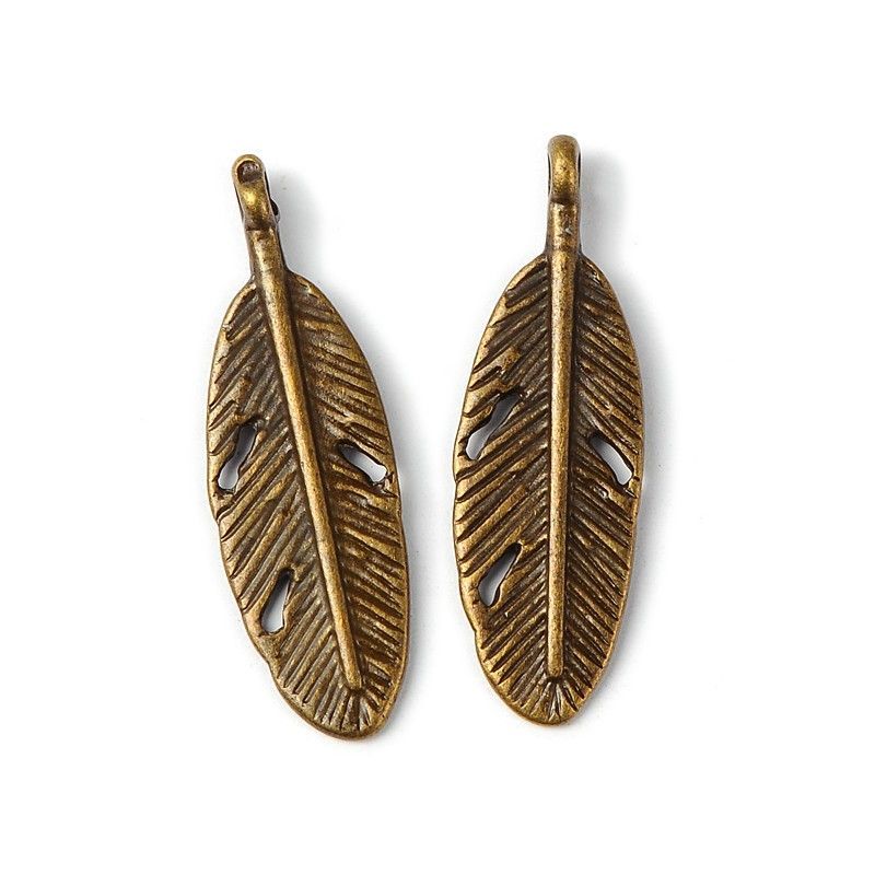 Antique Bronze Plated Tibetan Style Feather Charm/Pendant, 30x9mm