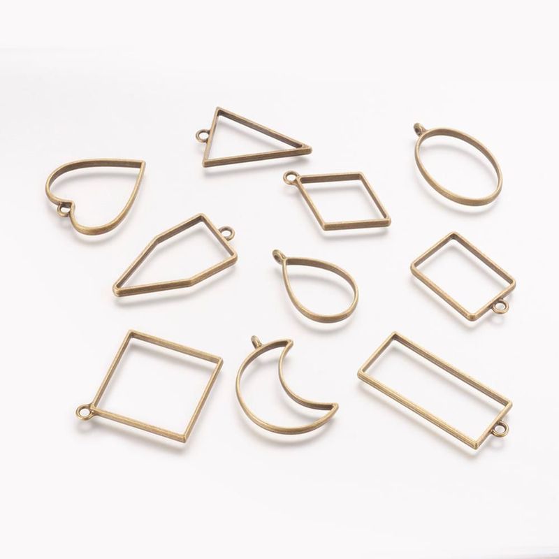 10 x Antique Bronze Plated Open Bezel Pendants, Mixed Shapes
