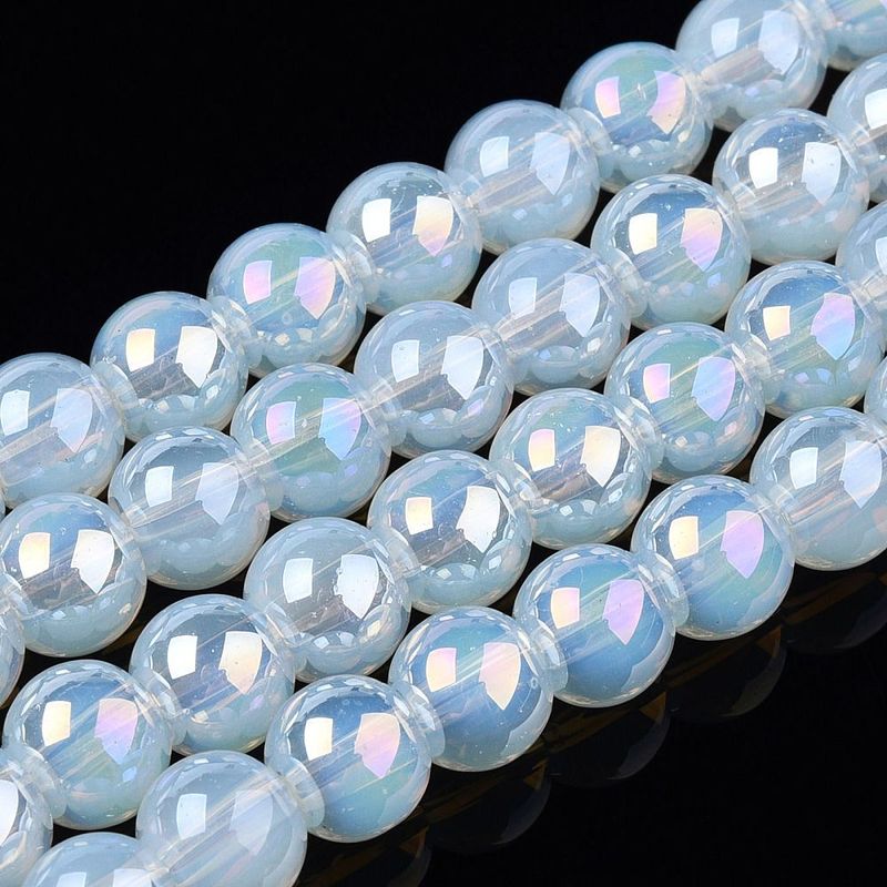 Electroplated Glass Beads in Opalite/Milky White with AB Finish, 6mm, 1 Strand