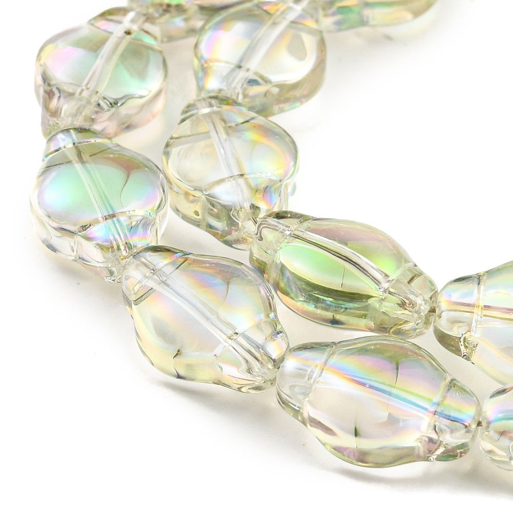 Electroplated Glass Lantern Beads, Clear with Green/Yellow Rainbow Plating, 12x9x5mm