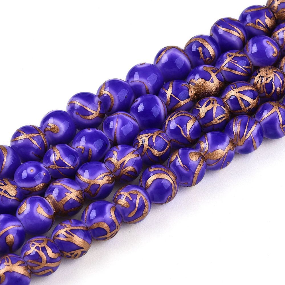 100 x Painted Glass Beads, Purple & Gold, 6mm