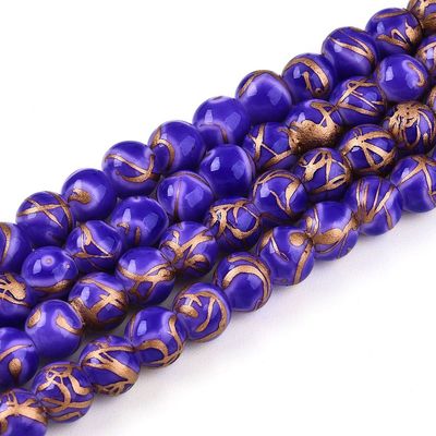 100 x Painted Glass Beads, Purple & Gold, 6mm