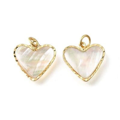 Natural Shell & Resin Heart Pendant with Gold Frame, 13x13x3mm