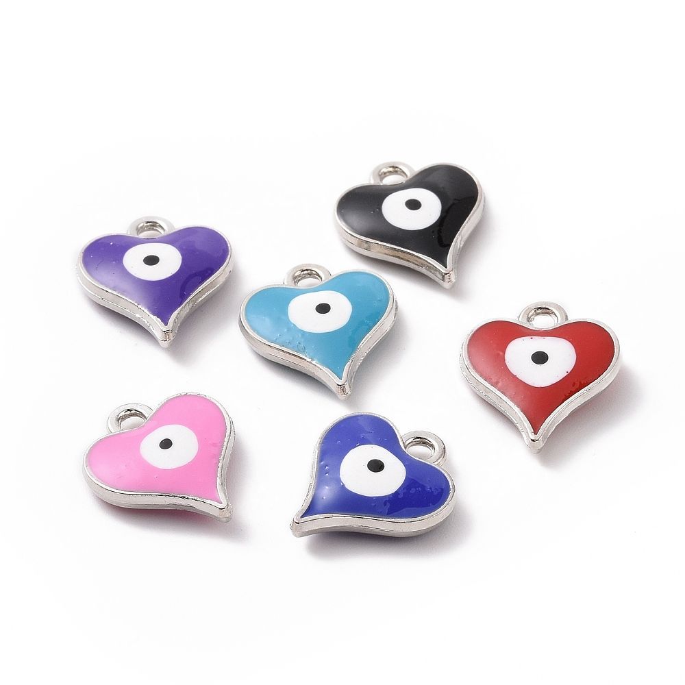 4 x Enamel & Silver Evil Eye Heart Charms, 14x12x2mm