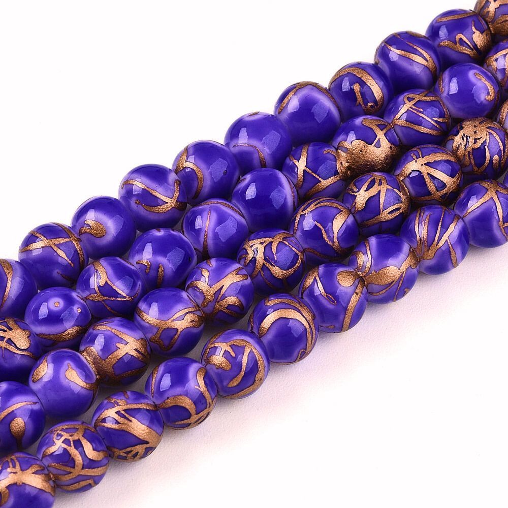 100 x Painted Glass Beads, Purple & Gold, 6mm