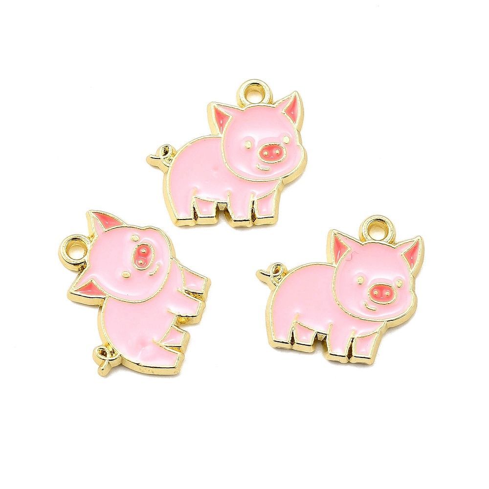 Enamel & Gold Pink Pig Charm, 16x17mm