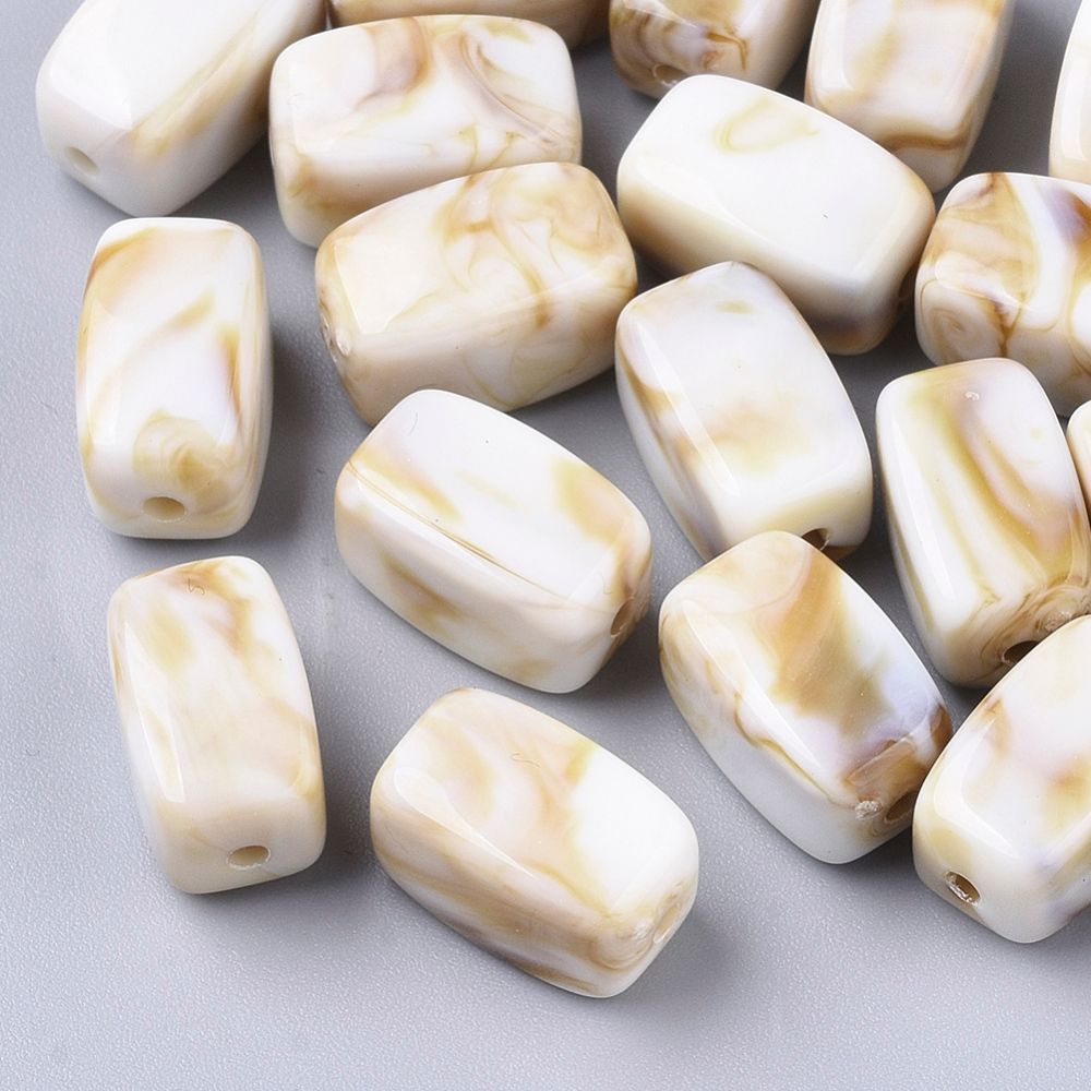 30 x Cuboid Acrylic Marbled Beads in Ivory, 13x7mm