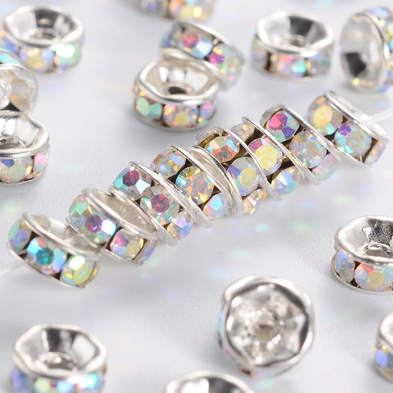 50 x 6x3mm Silver Plated AB Rhinestone Rondelles