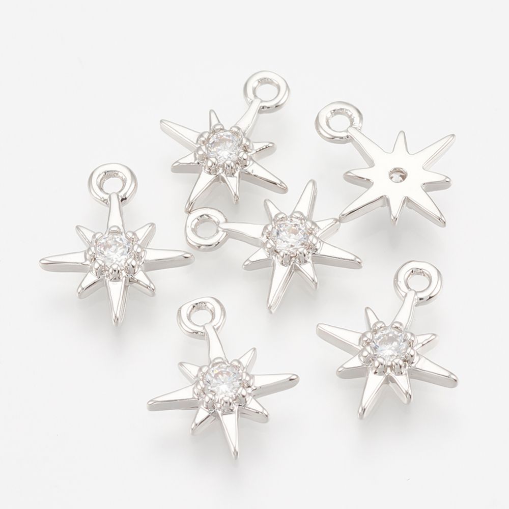 Platinum Plated Cubic Zirconia Star Charm, 10x8x2mm Platinum Plated Cubic Zirconia Star Charm, 10x8x2mm