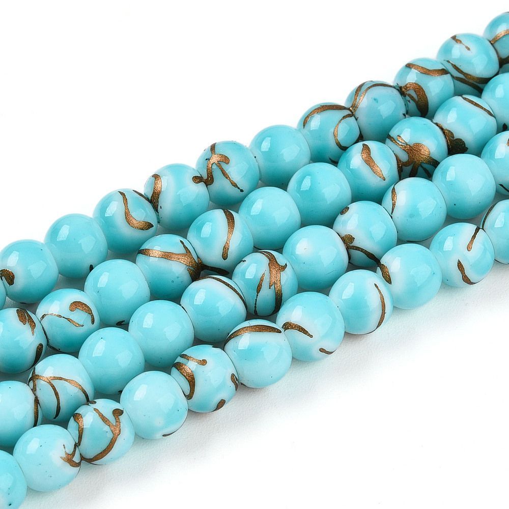 100 x Painted Glass Beads, Turquoise & Gold, 6mm 100 x Painted Glass Beads, Turquoise & Gold, 6mm