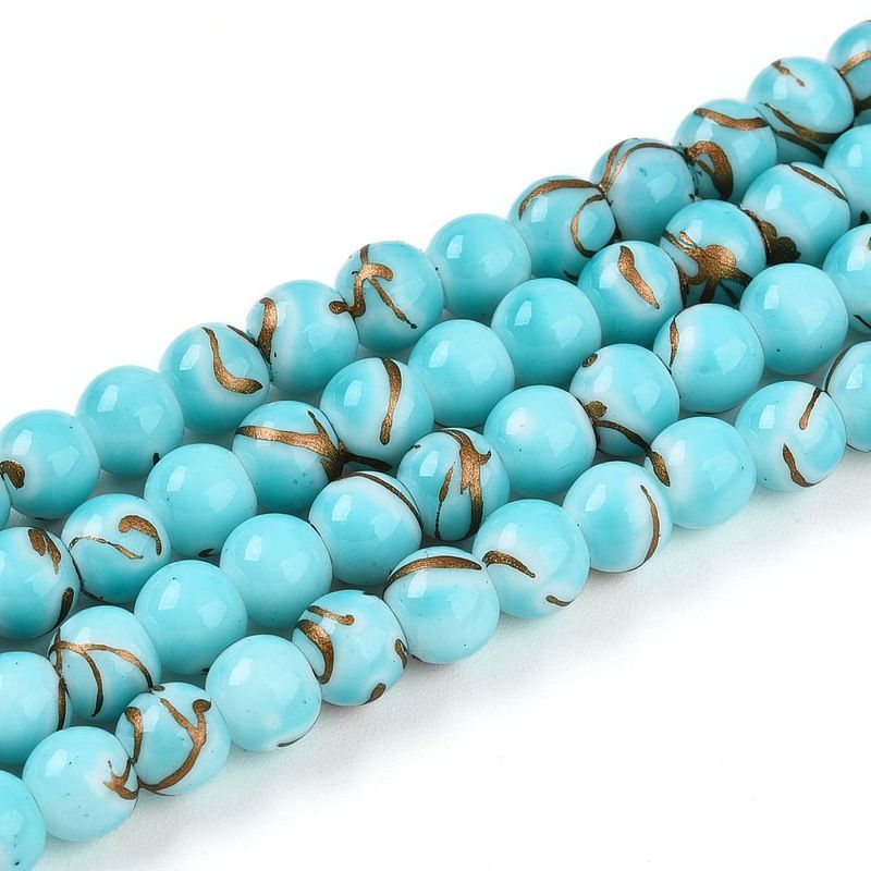 100 x Painted Glass Beads, Turquoise & Gold, 6mm 100 x Painted Glass Beads, Turquoise & Gold, 6mm