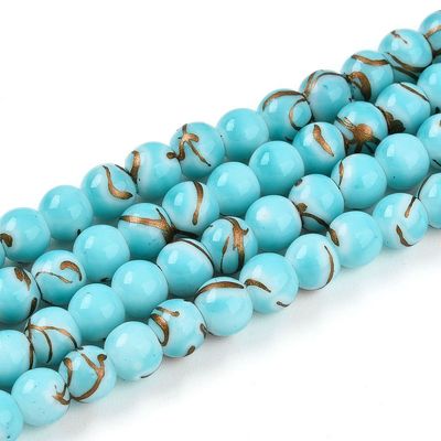 100 x Painted Glass Beads, Turquoise & Gold, 6mm