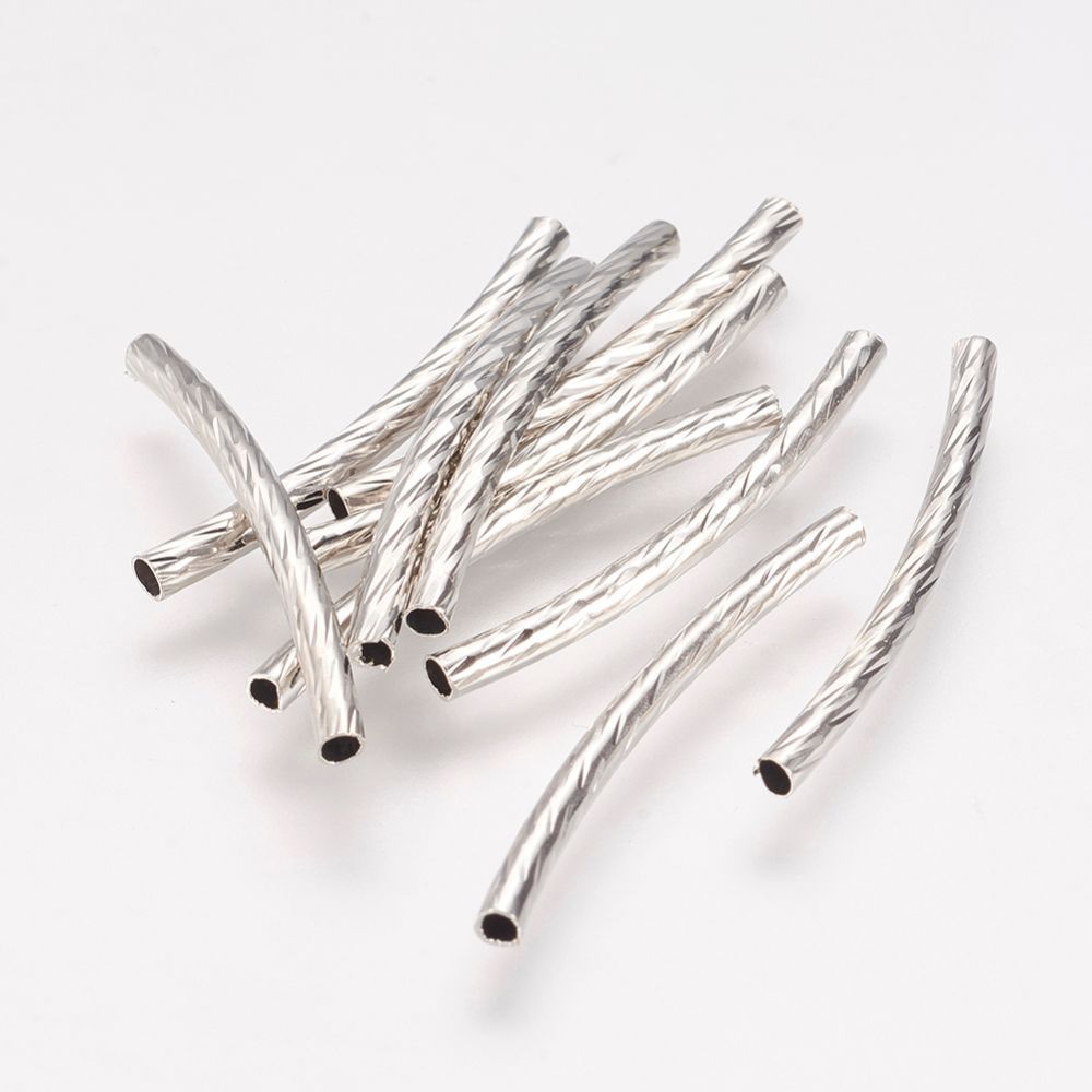 50 x Silver Plated Curved, Textured Tube Beads, 25x2mm 50 x Silver Plated Curved, Textured Tube Beads, 25x2mm