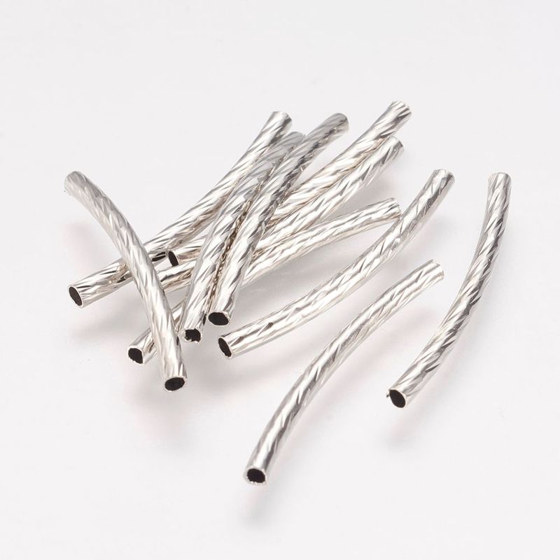 50 x Silver Plated Curved, Textured Tube Beads, 25x2mm 50 x Silver Plated Curved, Textured Tube Beads, 25x2mm