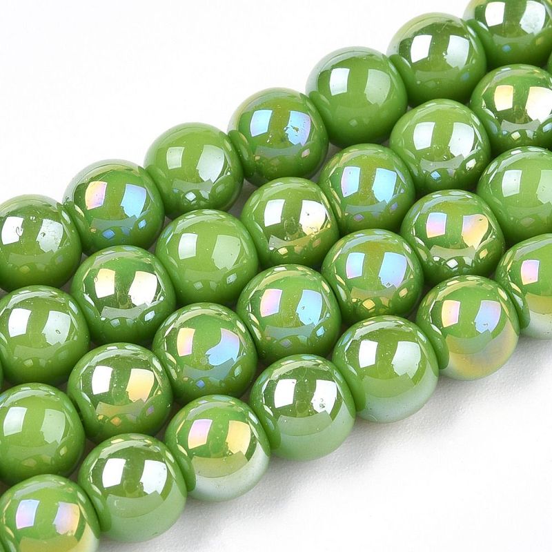 Electroplated Opaque Glass Beads in Lime Green with AB Finish, 6mm, 1 Strand