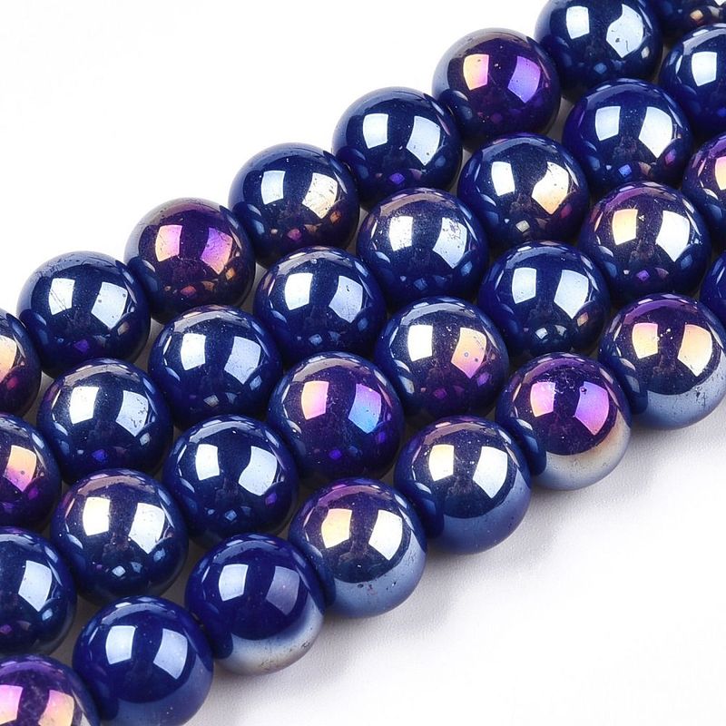 10mm Electroplated Opaque Glass Beads in Dark Blue with AB Finish, 1 Strand