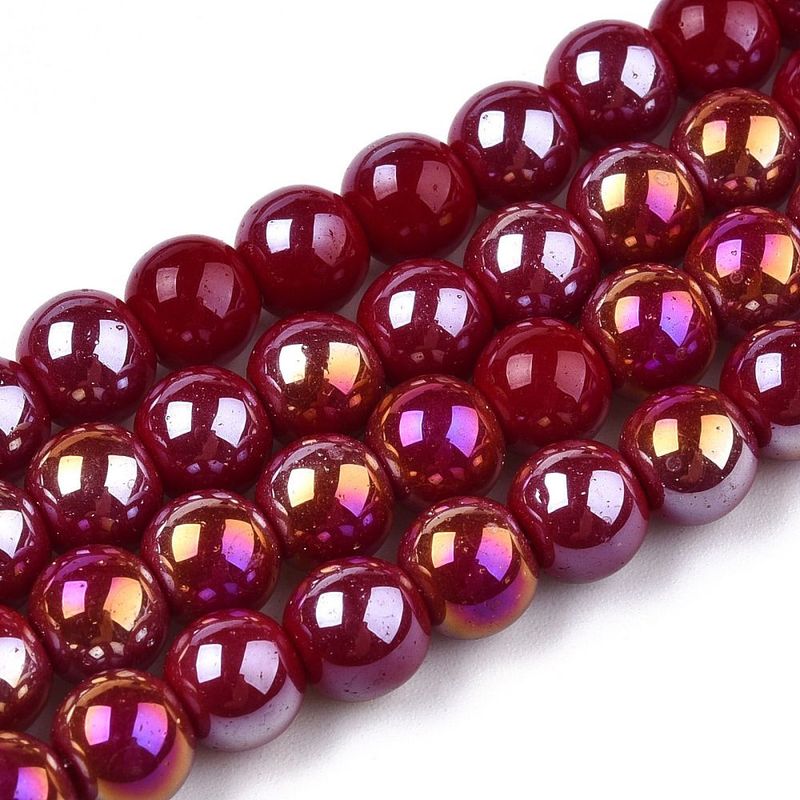 8mm Electroplated Opaque Glass Beads in Dark Red with AB Finish, 1 Strand