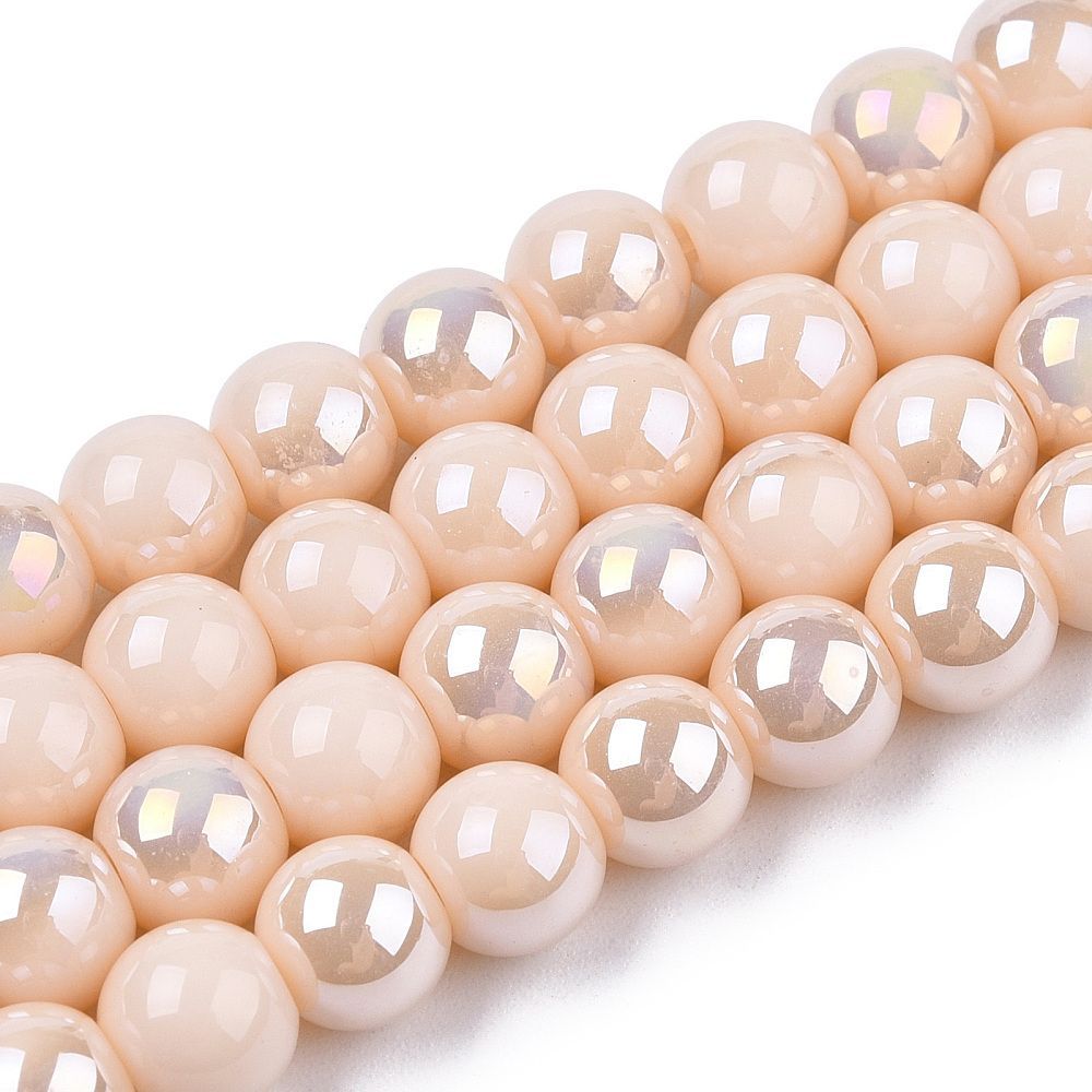 6mm Electroplated Opaque Glass Beads in Creamy Peach with AB Finish, 1 Strand